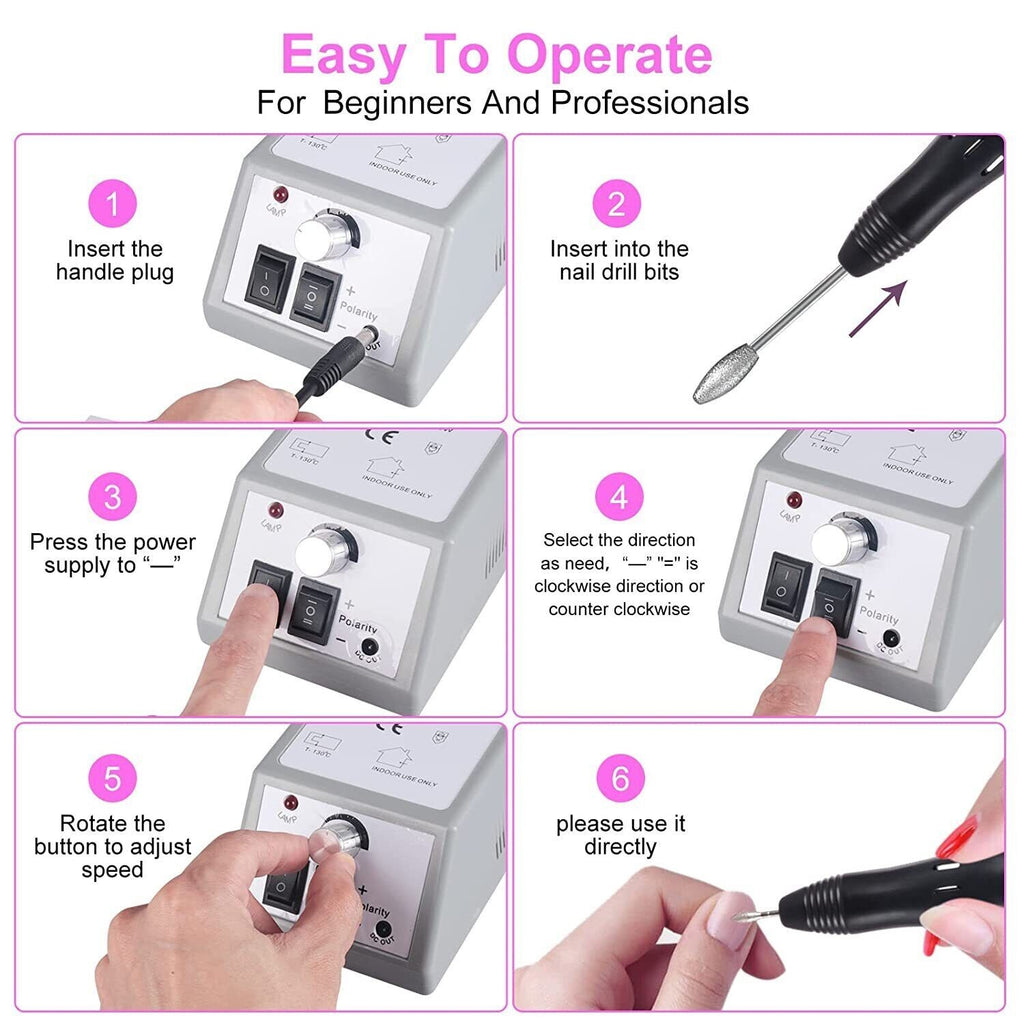 Electric Nail Drill Kit for Acrylic Nails, Manicure & Pedicure, Adjustable Speed