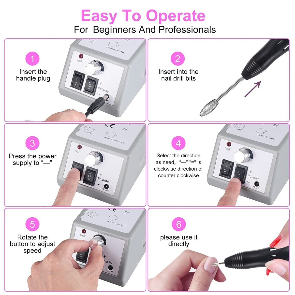 Electric Nail Drill Kit for Acrylic Nails, Manicure & Pedicure, Adjustable Speed