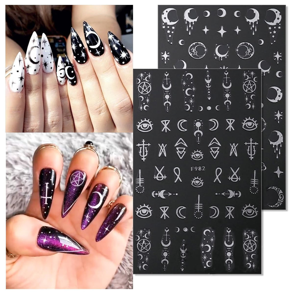 Metallic Nail Art Stickers Decals Silver Moon Sun Star 8 Sheets