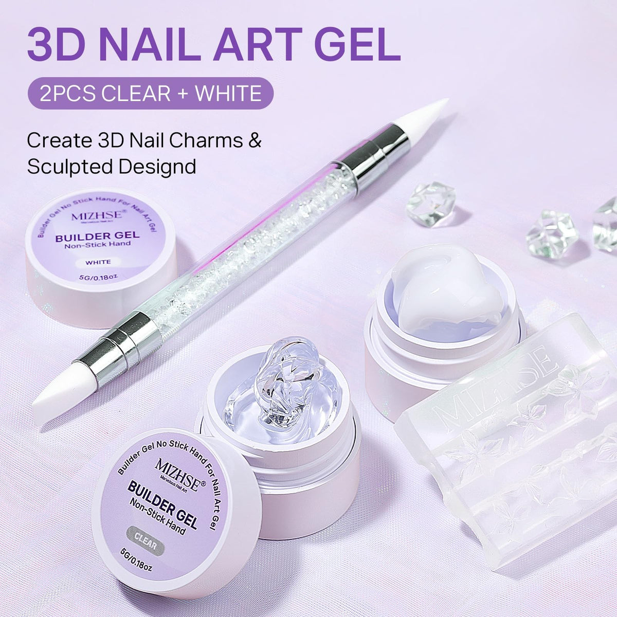 3D Nail Sculpting Gel Kit with Clear and White Polishes, Nail Mold & Forms
