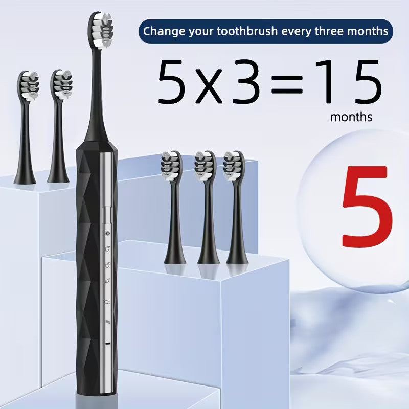 IPX8 Waterproof Electric Toothbrush with 5 Replacement Heads & Timer