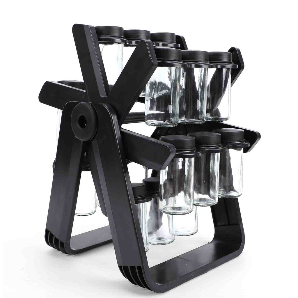 Rotating Spice Rack Carousel with 18 Glass Jars, Labels & Funnel