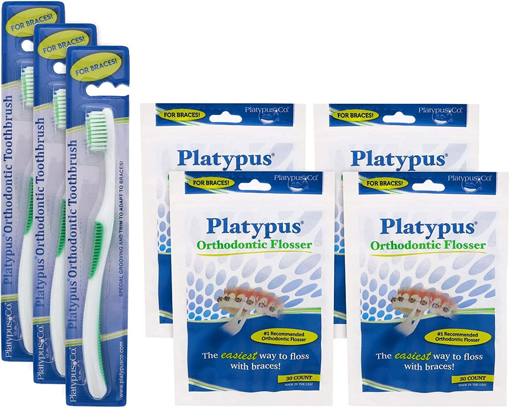 Orthodontic Flossers and Toothbrush Family Bundle for Braces - 120 Floss Picks & 3 Braces Toothbrushes
