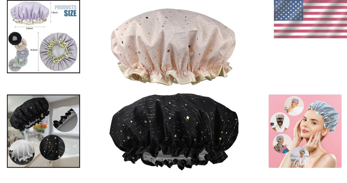 Reusable Shower Cap for Women - Double Waterproof Layers, 2 Pack