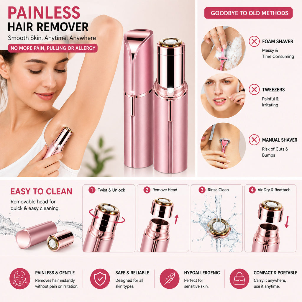 Electric Facial Hair Remover & Trimmer - Painless Lipstick-Shaped Device for Women
