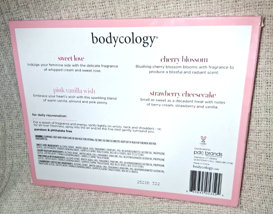 Bodycology Gift Set of Body Mists - Strawberry Cheesecake, Cherry Blossom, Pink Vanilla, Wish