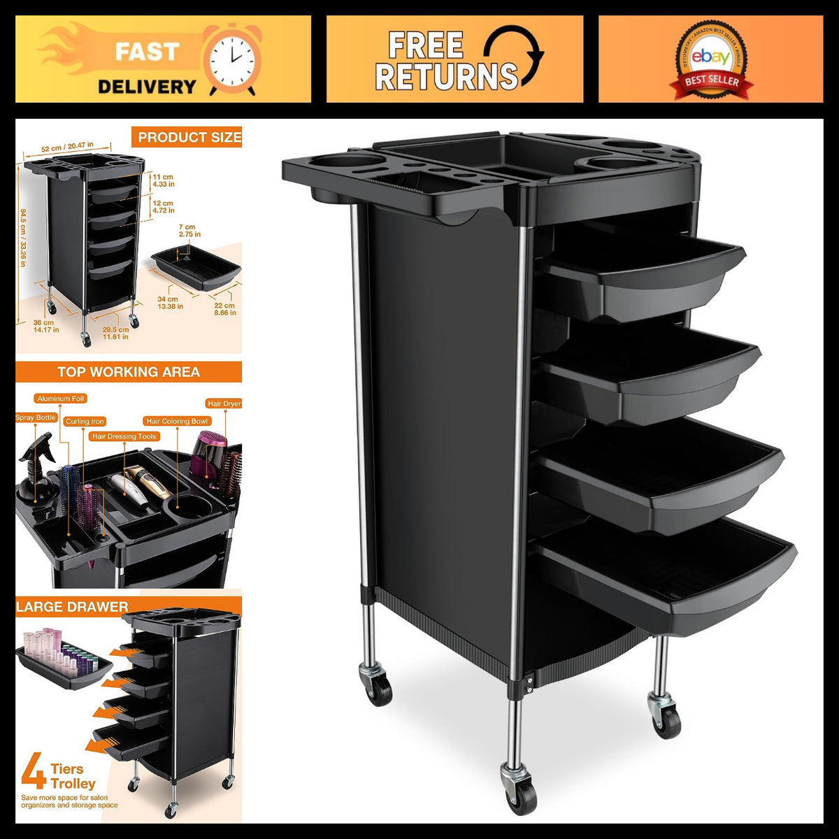 6-Layer Rolling Salon Storage Cart with Wheels for Hair Tools Organizer