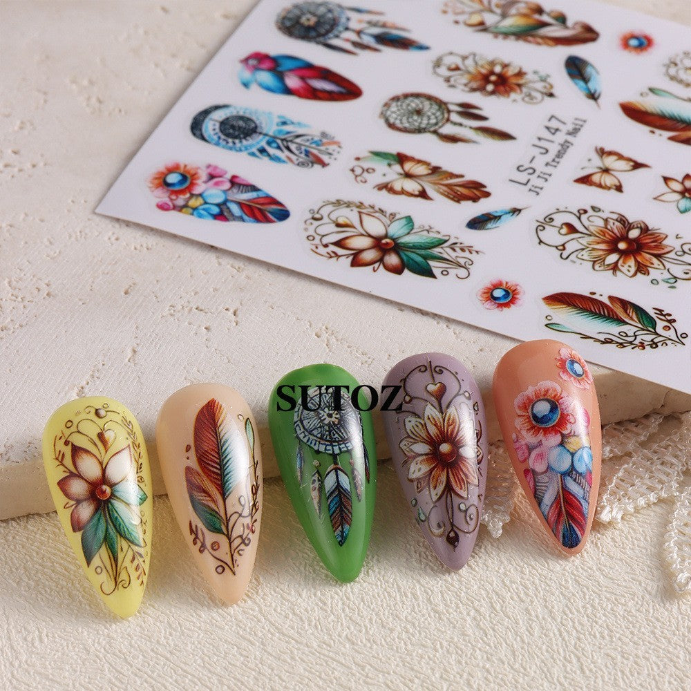 4 Sheets Nail Art Retro Bohemian Flower Stickers - Self Adhesive DIY Nail Decals
