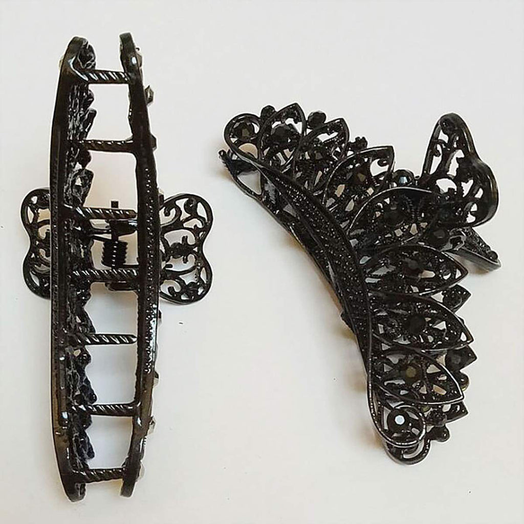 Lady Women Black Retro Flowers Hair Claw Clip Vintage Rhinestone Accessory