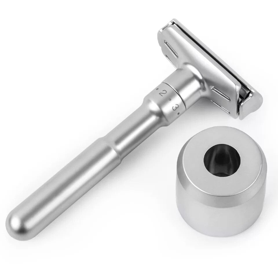 Adjustable Double Edge Safety Razor with Stand & 5 Blades - Classic Style