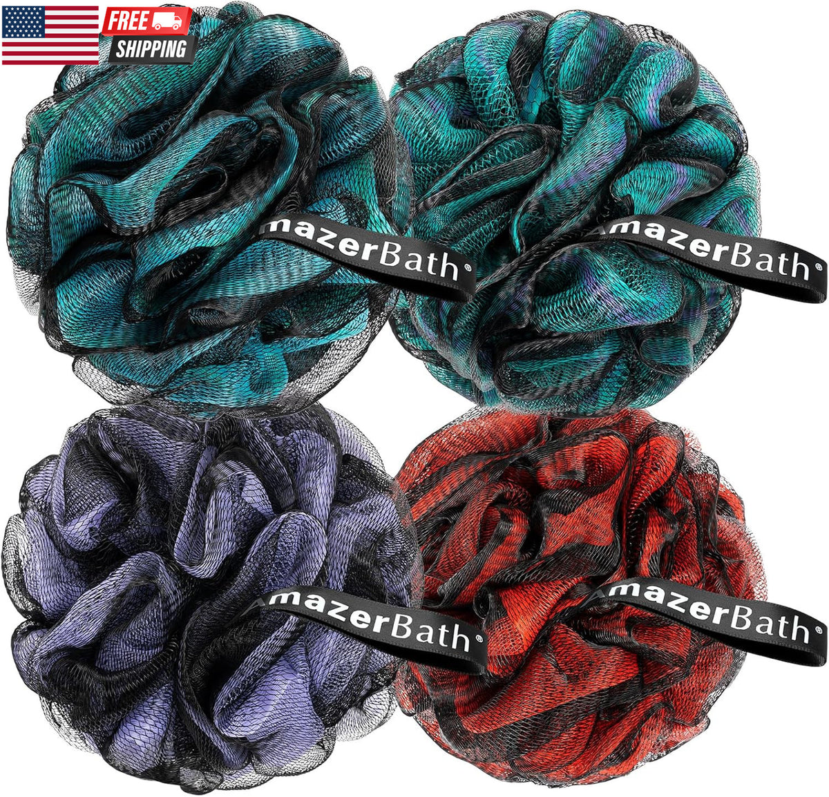 Charcoal Loofah Body Sponge Set of 4 - Exfoliating Shower Loofahs for Men & Women