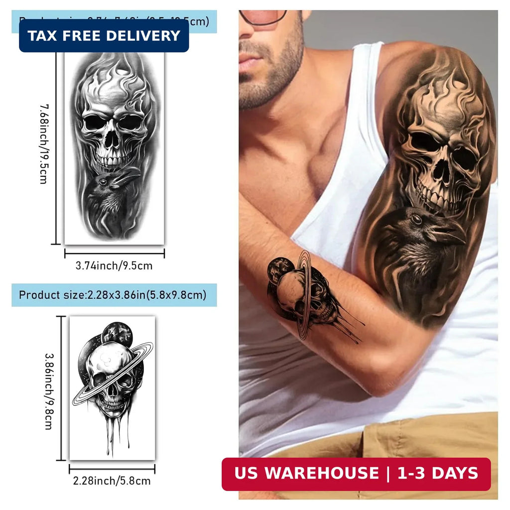 Temporary Tattoos 77 Sheets Skeleton Skull Set for Adults, Large & Small Sizes