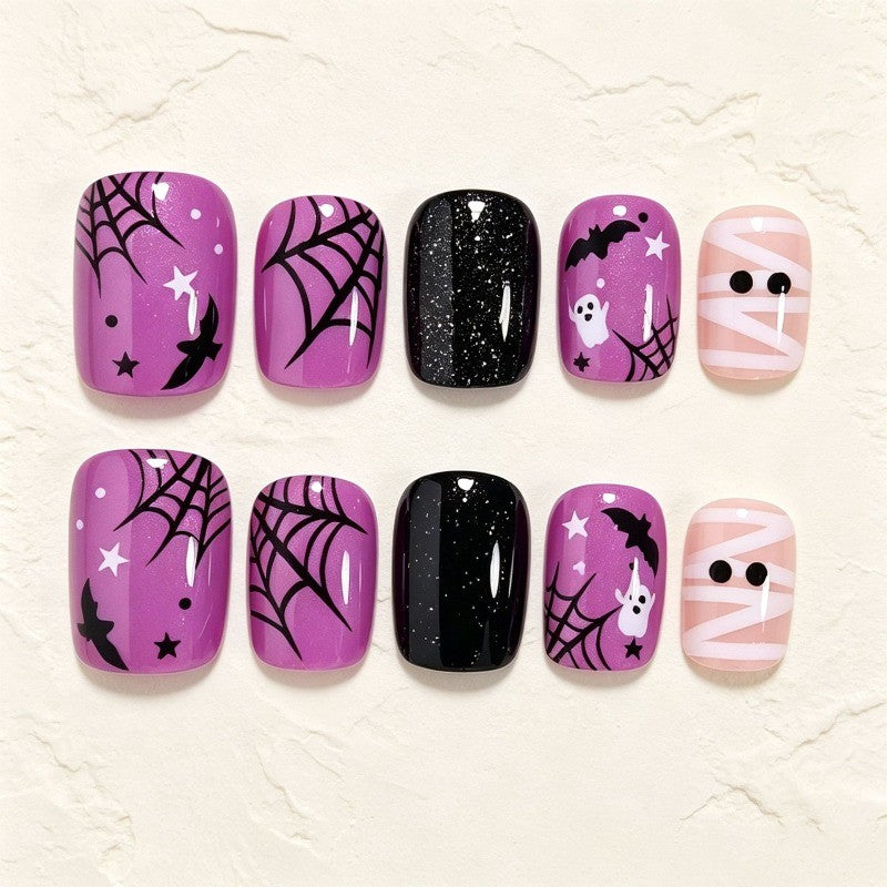 48P Short Square Press-On Nails Halloween Purple Glitter Ghost & Mummy Fake Nails