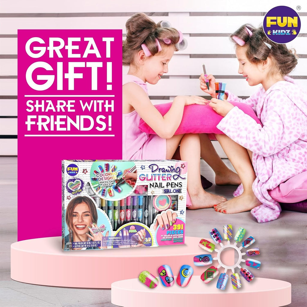 Kids Nail Art Kit with Fake Nails and Glitter Pens - Safe DIY Set for Girls
