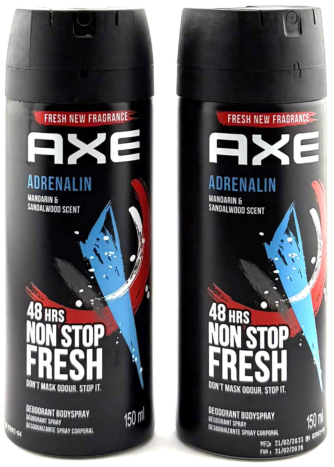 Men's Deodorant Body Spray 2 Pack - AXE Adrenalin, 150ml/5.07oz