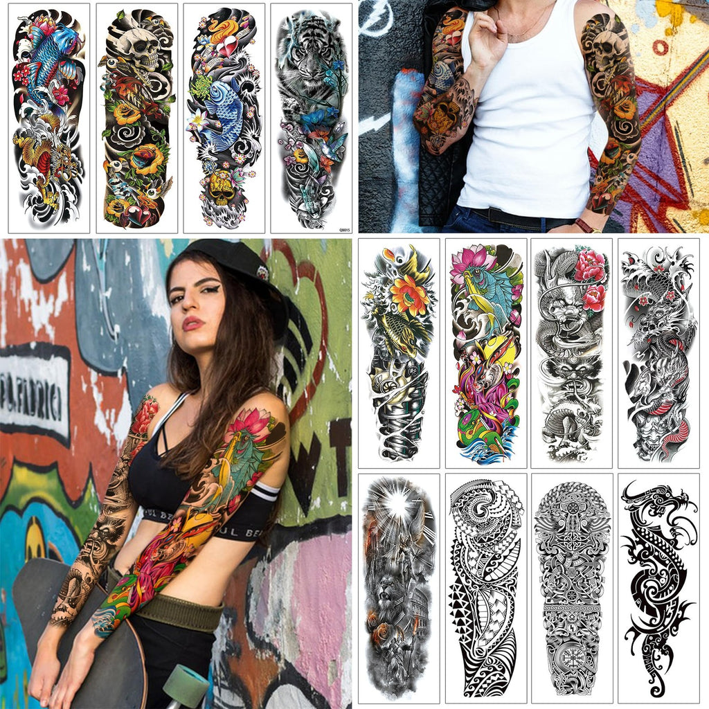 Colorful Full Arm Temporary Tattoos - 12 Sheets, 19 x 6.7 in, Waterproof & Long-Lasting