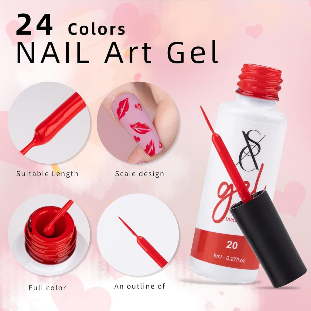 24-Color Gel Nail Art Liner Set with Brush - Precision, Vibrant Colors