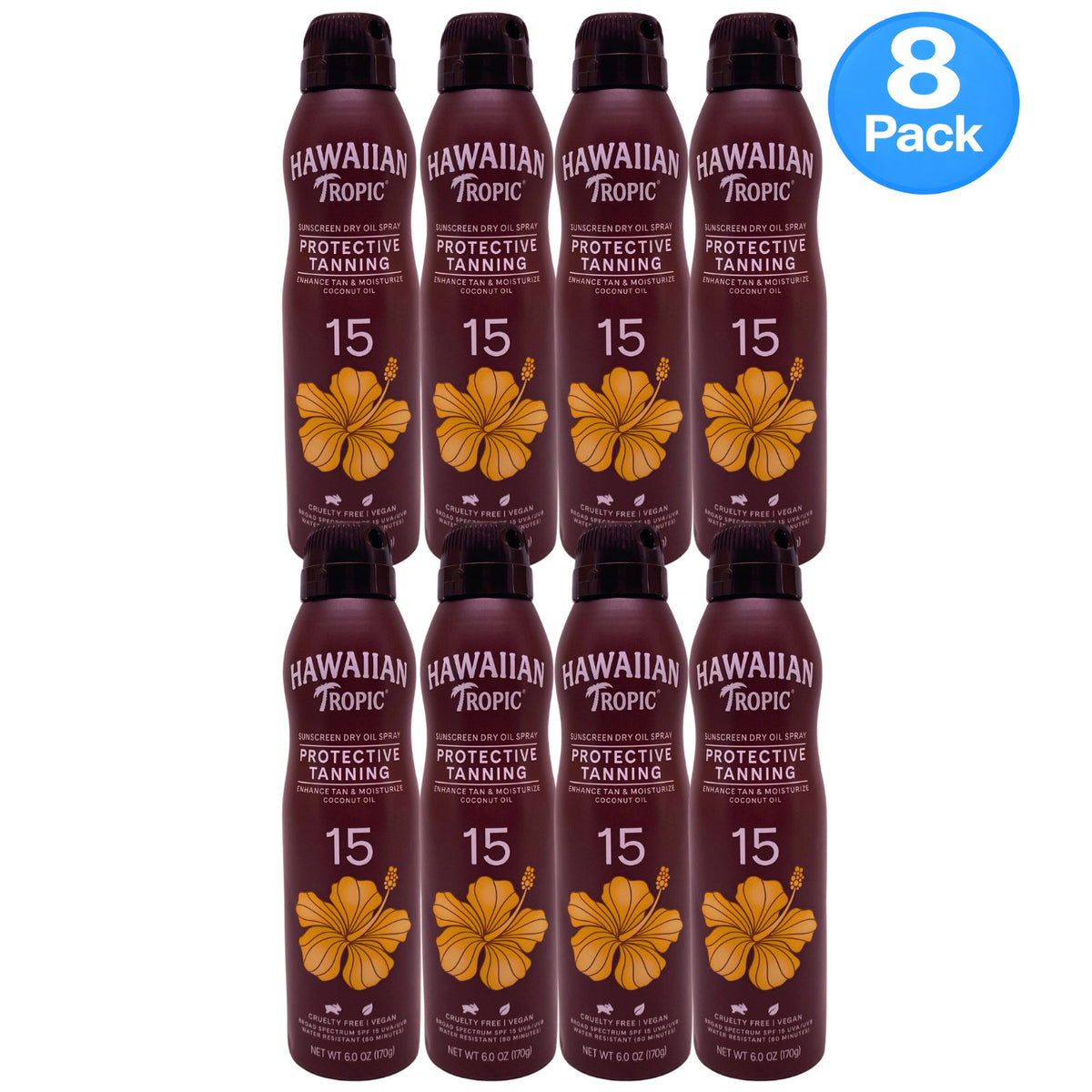 Hawaiian Tropic SPF 15 Dry Oil Spray Tanning Sunscreen 6 oz 8 Pack