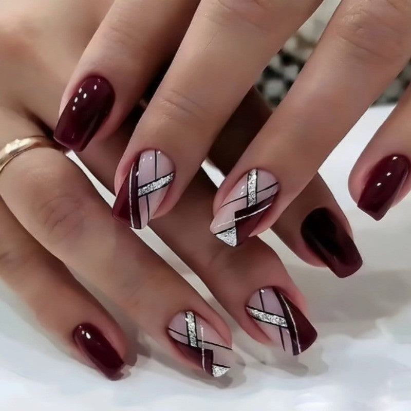 48Pcs Geometric Press-On Nails Medium Square Burgundy Red with Silver Accents
