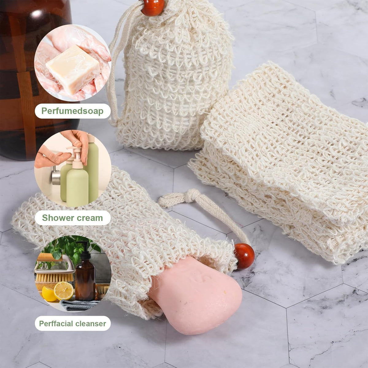 Mesh Soap Bag Pouch - Reusable Cotton Linen Shower Exfoliating Scrubber