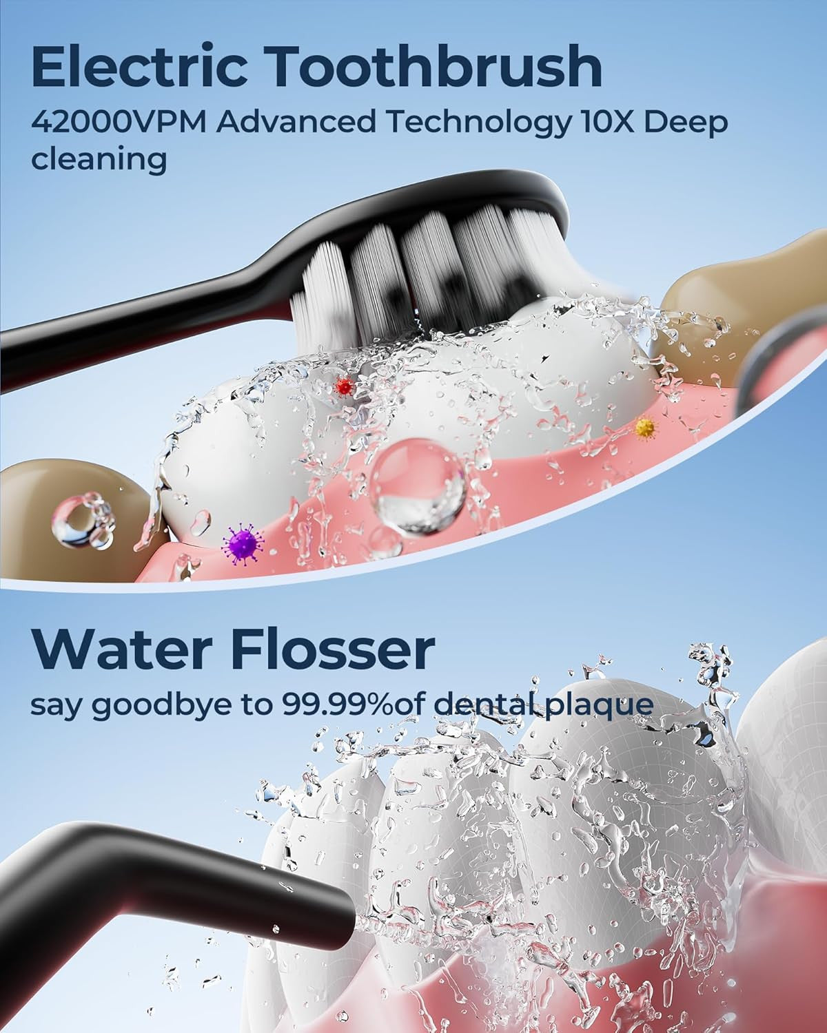 Electric Toothbrush with Water Flosser Set - Sonic Power, 5 Modes, 2 Brush Heads