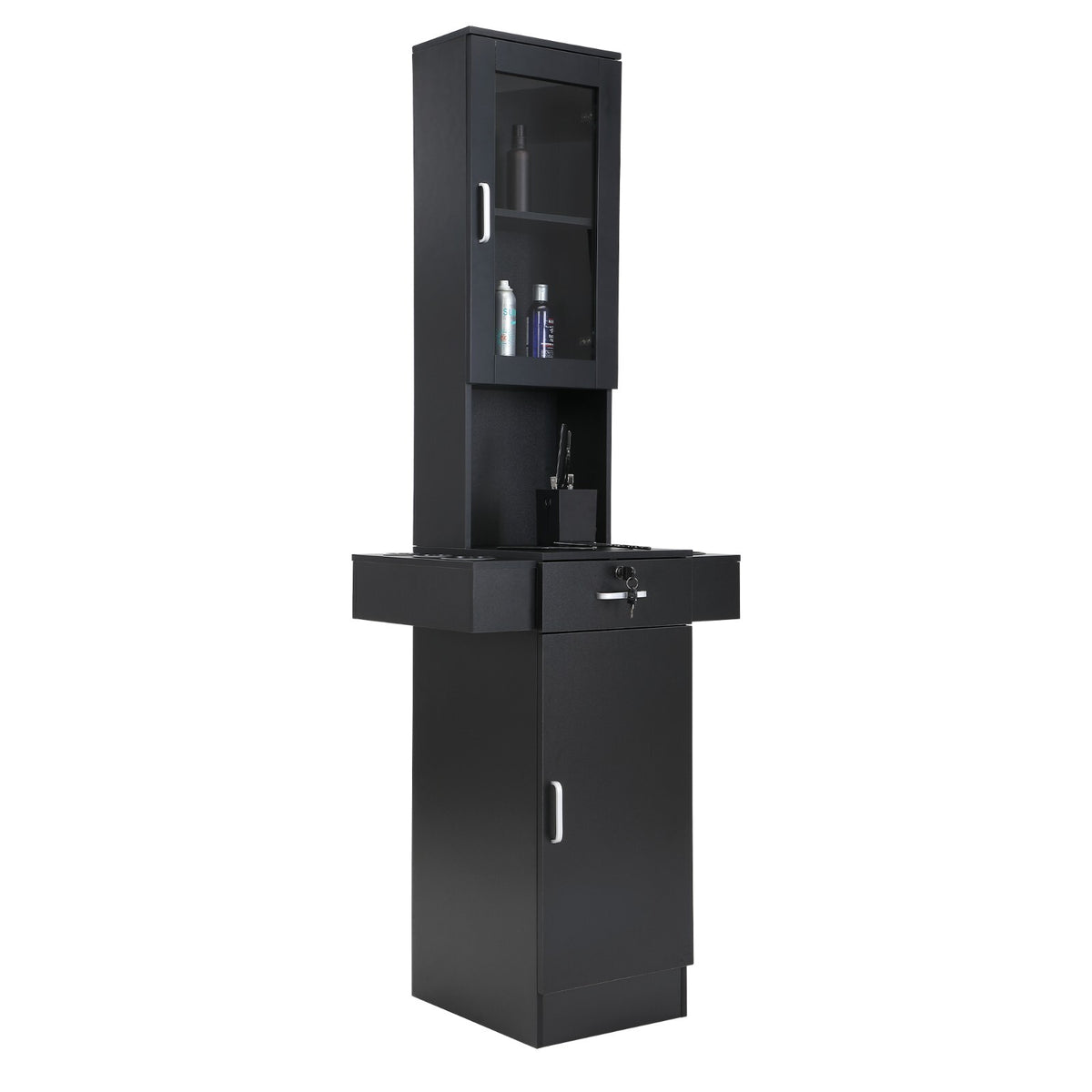 Salon Station Storage Cabinet with Glass Doors and Shelves for Beauty & Barber Shops