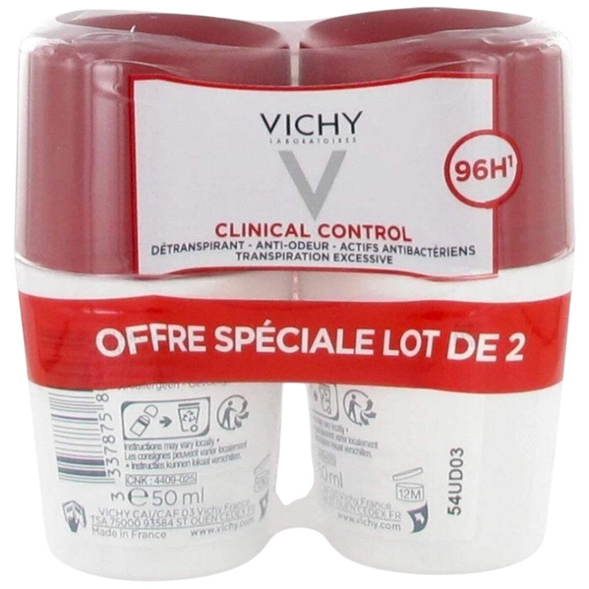 Vichy Clinical Control 96H Anti-Odor Roll-On Deodorant 2 Pack - Long-Lasting, Sensitive Skin