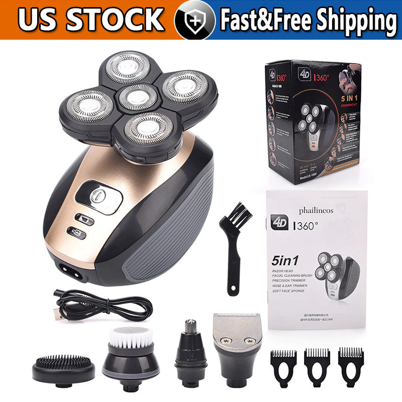 5-in-1 Rotary Electric Shaver & Trimmer for Men Waterproof Rechargeable