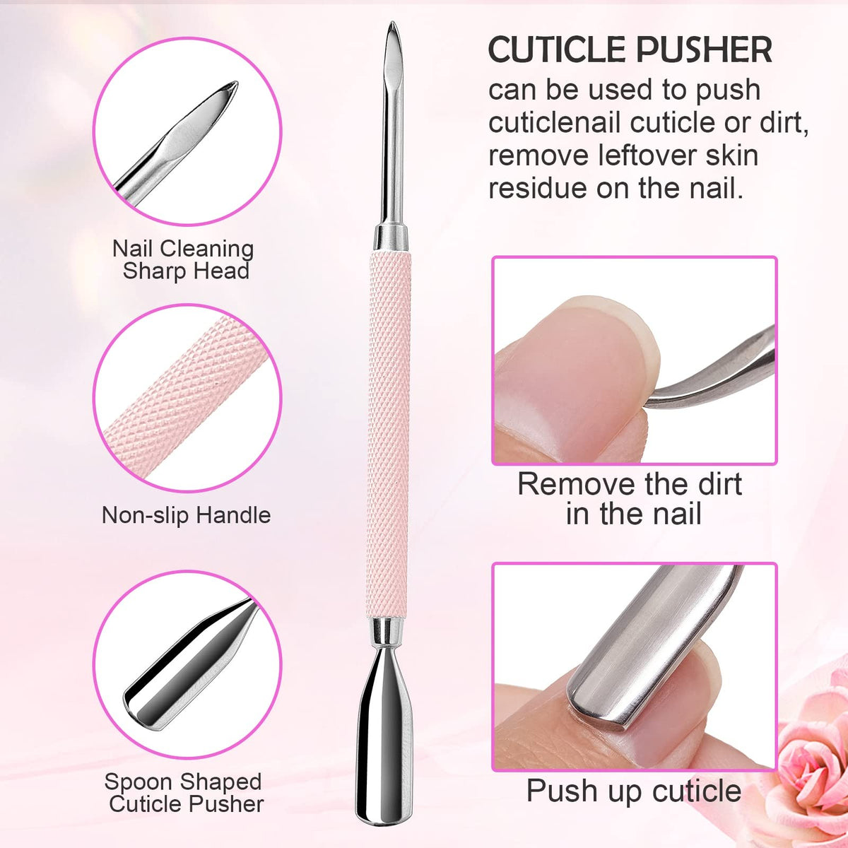 3-Piece Pink Nail Cuticle Nipper Set with Pusher - Stainless Steel Manicure Tools