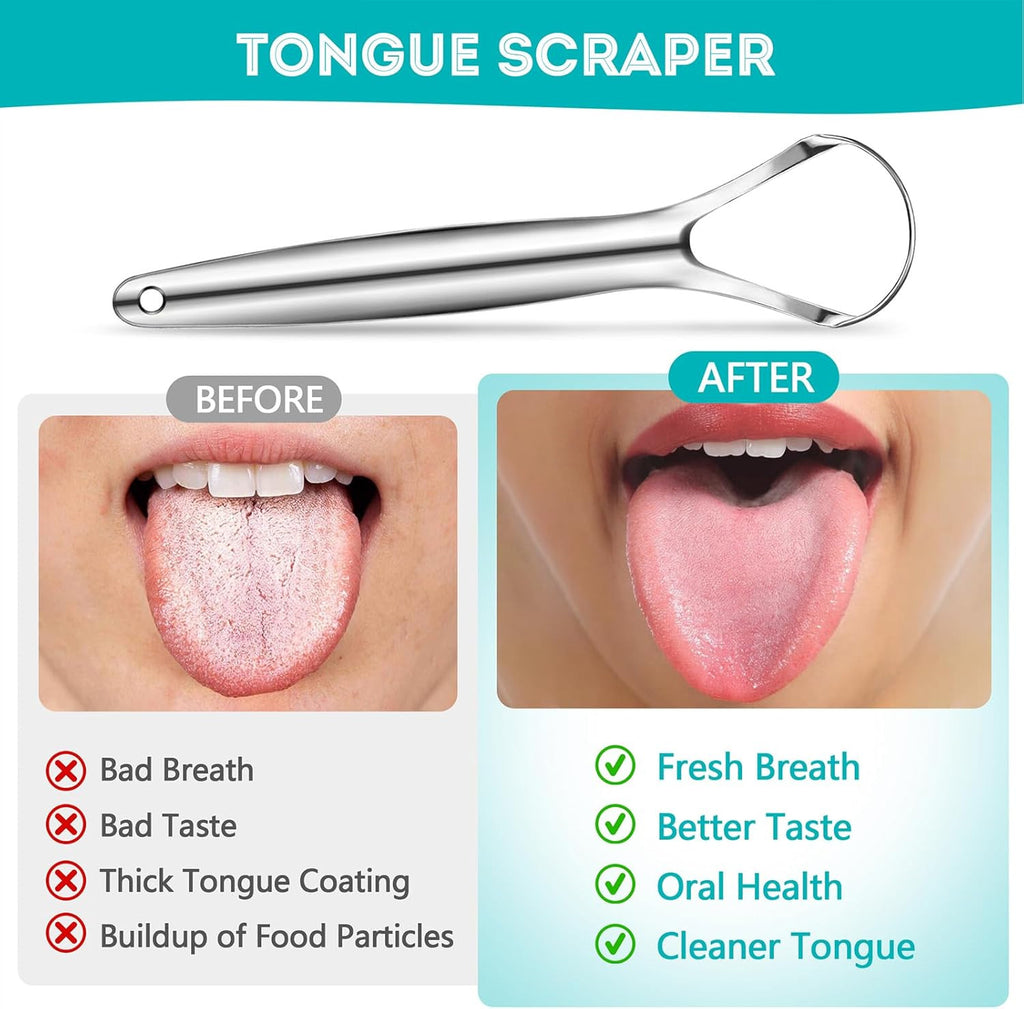 Stainless Steel Tongue Scraper 2 Pack - Oral Hygiene Cleaner with Travel Case