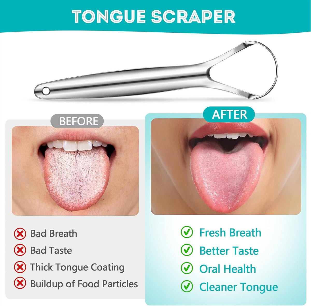 Stainless Steel Tongue Scraper 2 Pack - Oral Hygiene Cleaner with Travel Case