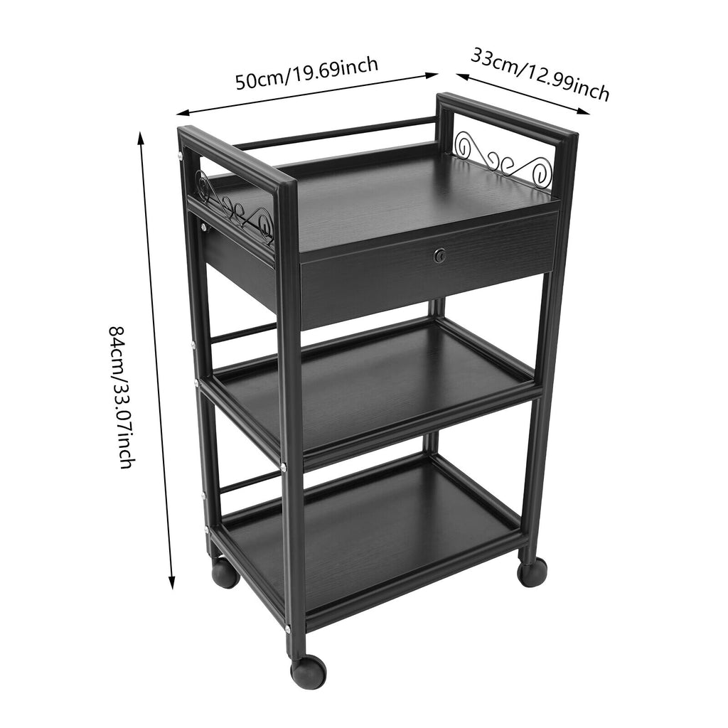 3-Tier Salon Storage Cart with Lockable Drawer, Rolling Beauty Trolley