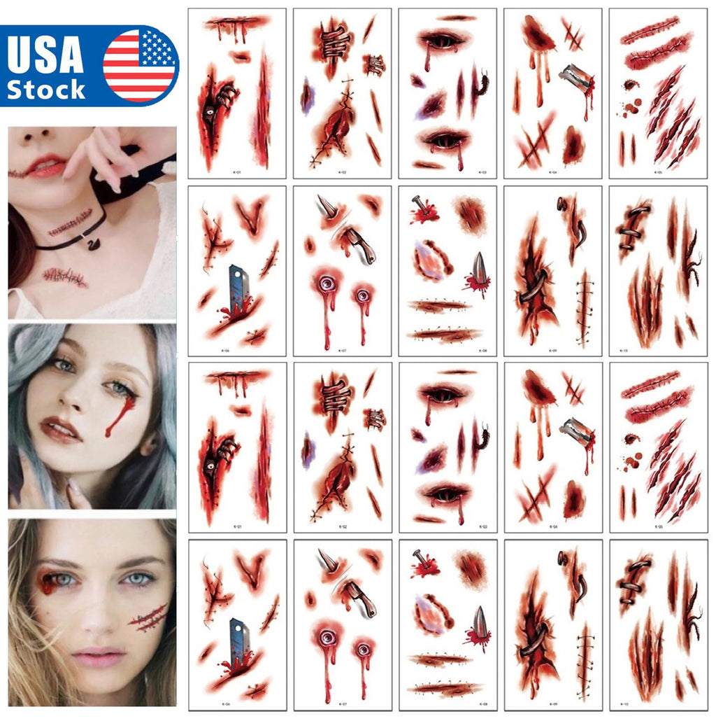 Halloween 3D Wound Tattoo Stickers - 10/20/30 Sheets Waterproof Body Art