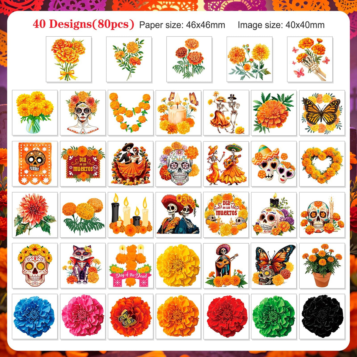 80pcs Day of the Dead Marigold Floral Temporary Tattoos for Halloween & Party Age-Defying Body Art