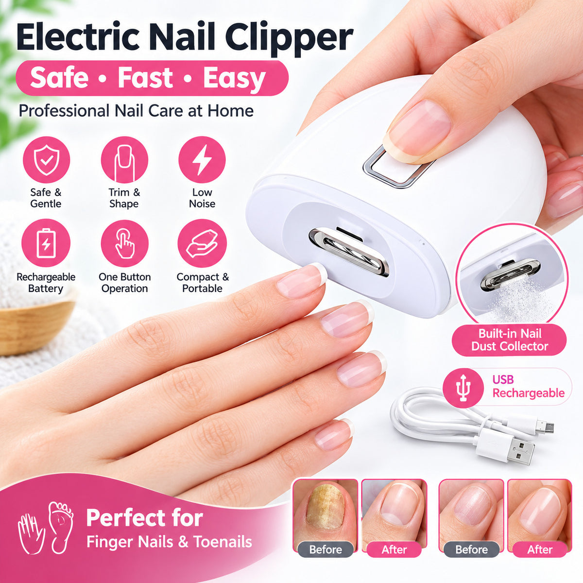 USB Rechargeable Electric Nail Clipper and Trimmer with Storage