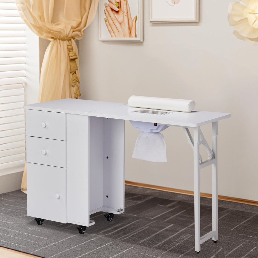 Foldable Manicure Table with Lockable Wheels & Built-in Storage