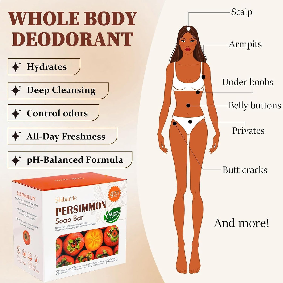 Odor Eliminating Persimmon Soap Bars - 4 Pack for Freshness & Hydration