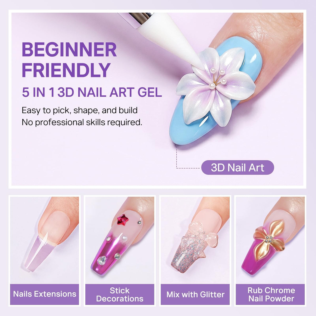 3D Nail Sculpting Gel Kit with Clear and White Polishes, Nail Mold & Forms