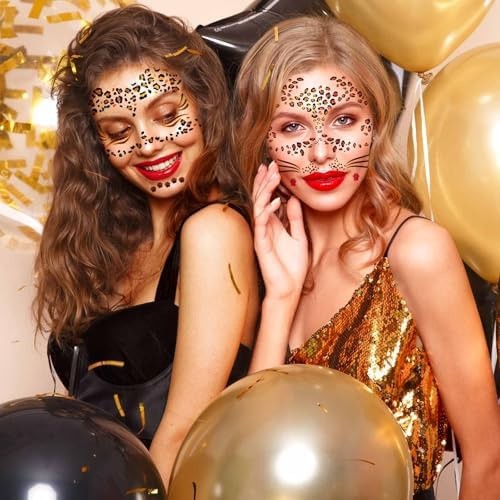 Gold Glitter Leopard Face Temporary Tattoos – 8 Sheets, Waterproof, Safe Edgy Halloween Stickers