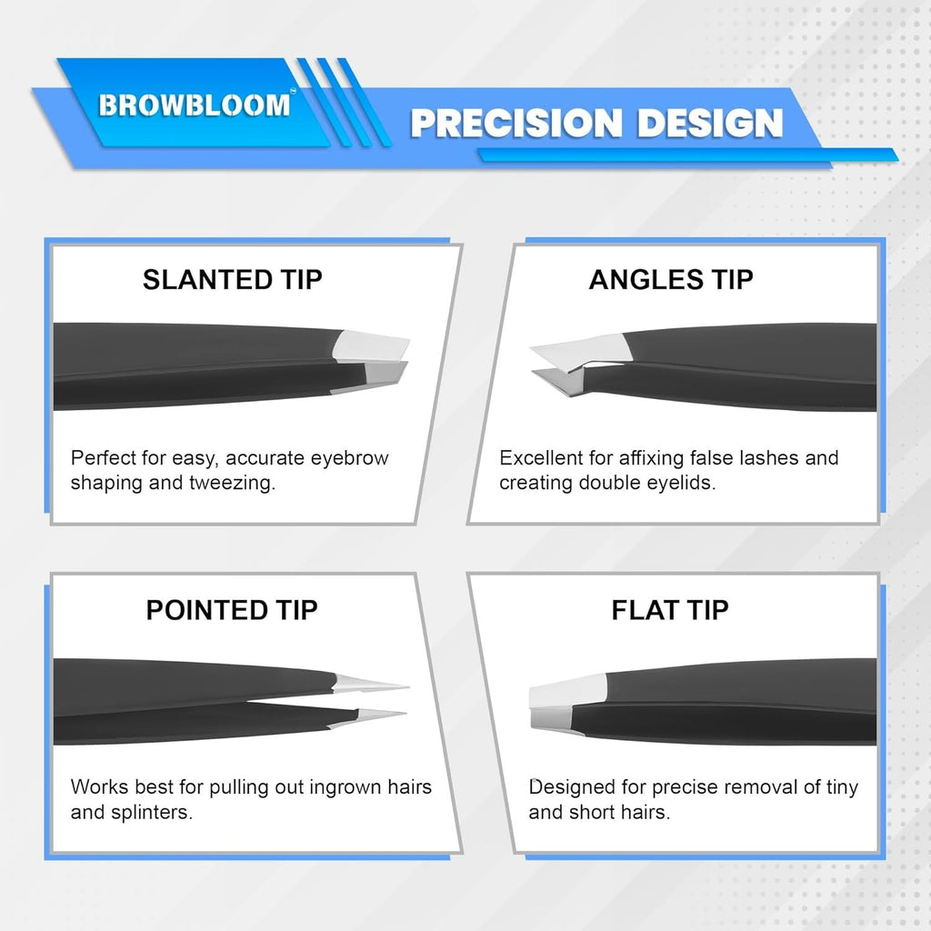 Professional Tweezers Set for Facial Hair & Eyebrows - Stainless Steel, 4 Pieces