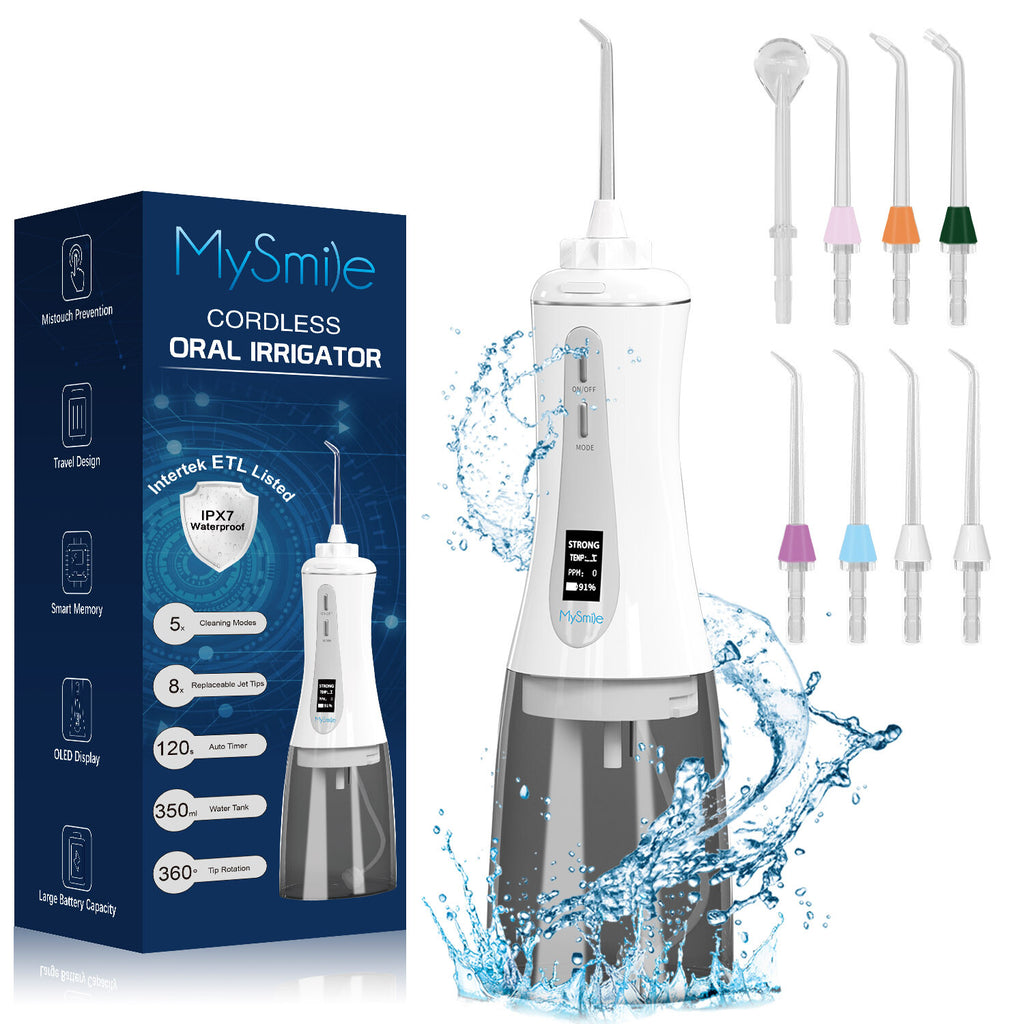 MySmile Cordless Water Flosser Dental Oral Irrigator with 8 Tips 5 Modes White