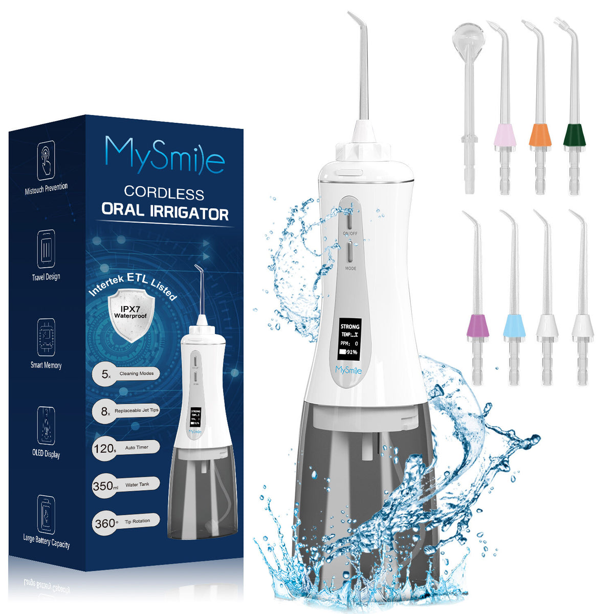 MySmile Cordless Water Flosser Dental Oral Irrigator with 8 Tips 5 Modes White