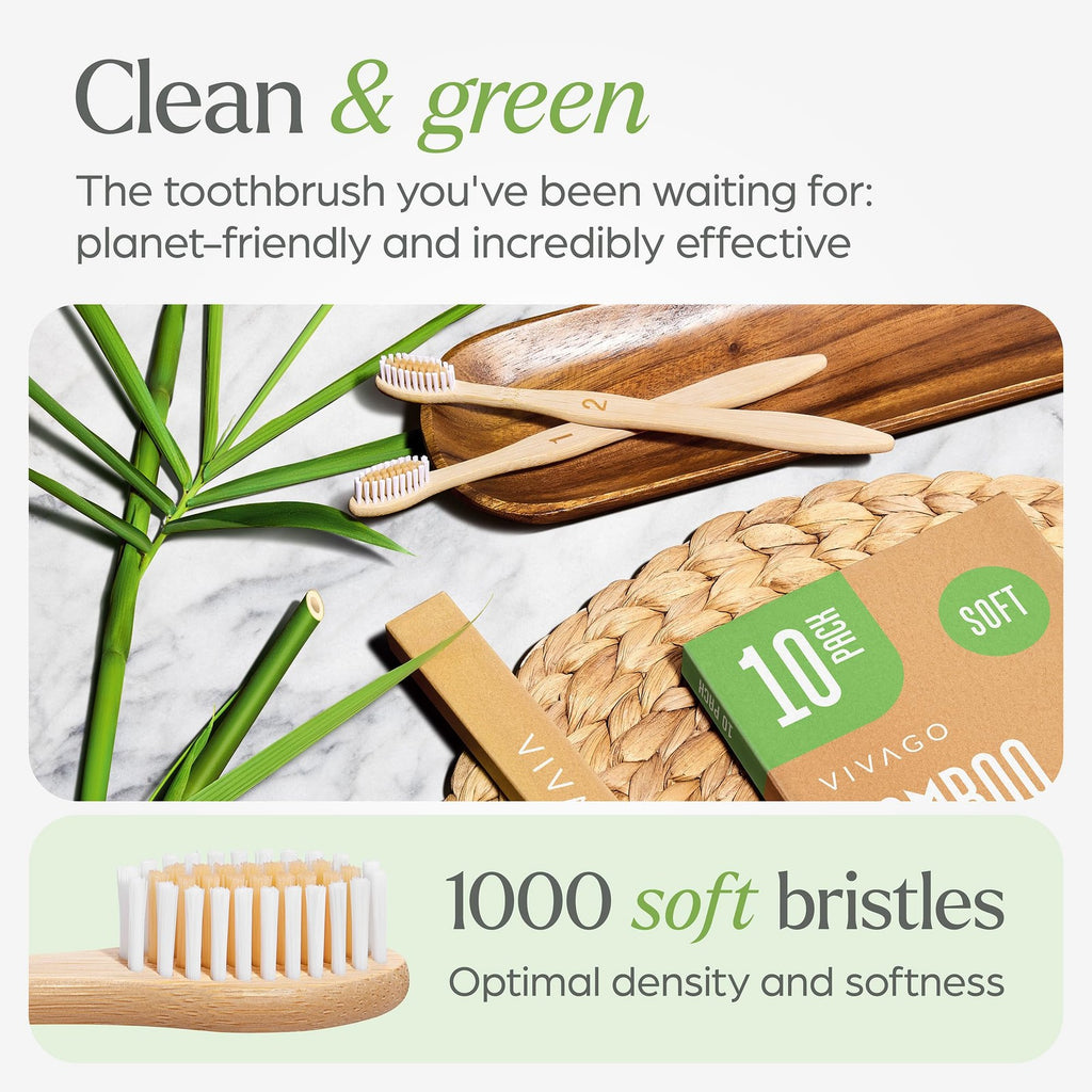 Bamboo Toothbrushes 10 Pack - BPA Free Soft Bristles Eco-Friendly