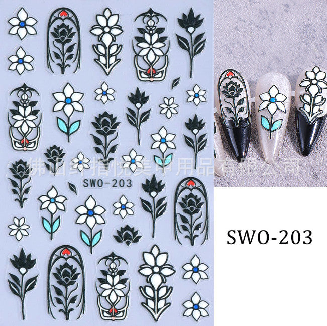 3D Floral Line Art & Stained Glass Style Flower Nail Art Stickers - Glitter Shine