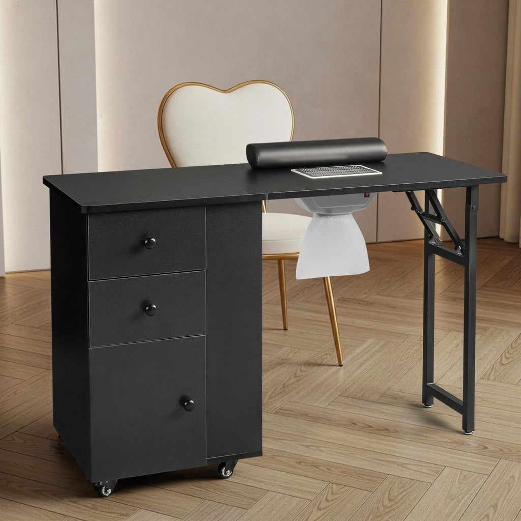 Foldable Manicure Table with Built-in Dust Collector and Storage Drawer