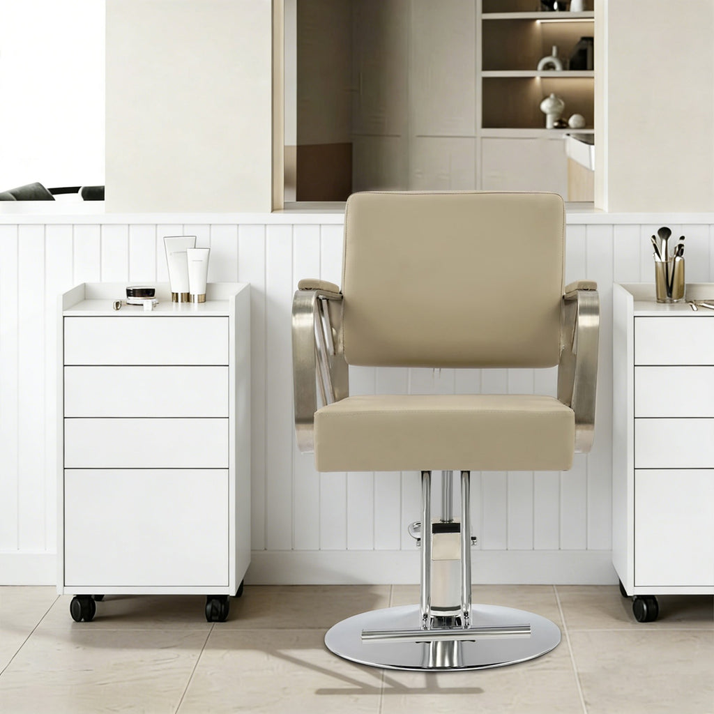 Stainless Steel Salon Chair with Beige Swivel Seat, Height Adjustable 82-92cm