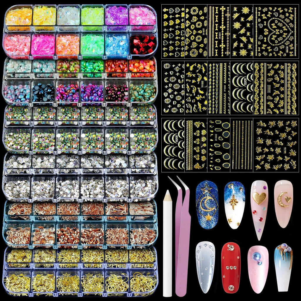 Nail Art Glitter Studs Kit with Gold Stickers and 3D Charms - Multicolor