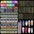 Nail Art Glitter Studs Kit with Gold Stickers and 3D Charms - Multicolor