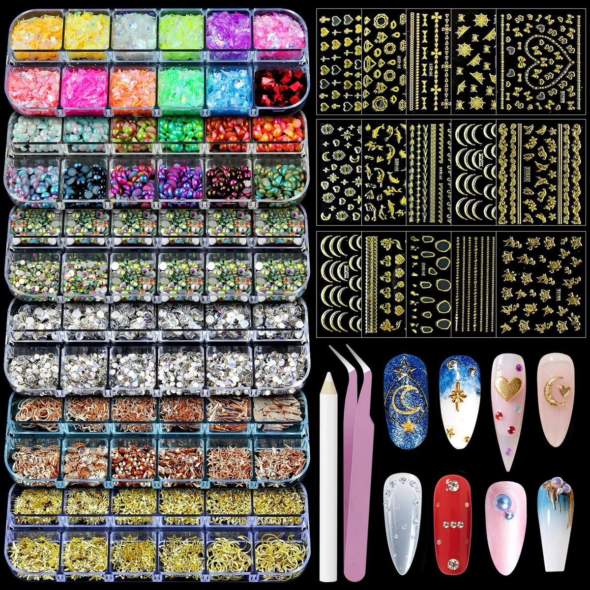 Nail Art Glitter Studs Kit with Gold Stickers and 3D Charms - Multicolor