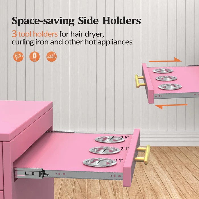 Professional Salon Trolley Cart with Metal Tool Holsters & Storage Drawers - Pink